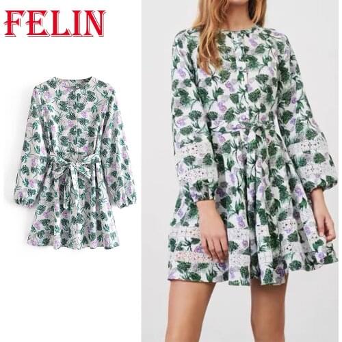 Za Women Dress 2021 O-Neck Sundress Floral Printed Long Sleeve Woven Poplin Mini Dress Elegant Chic Mujer Vintage Vestidos