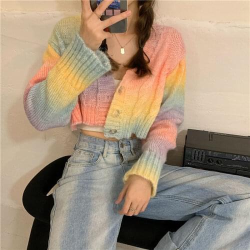 Rainbow soft waxy V-neck sweater autumn new sweater women 2020 Korean version loose outer cardigan crop top cardigan vintage