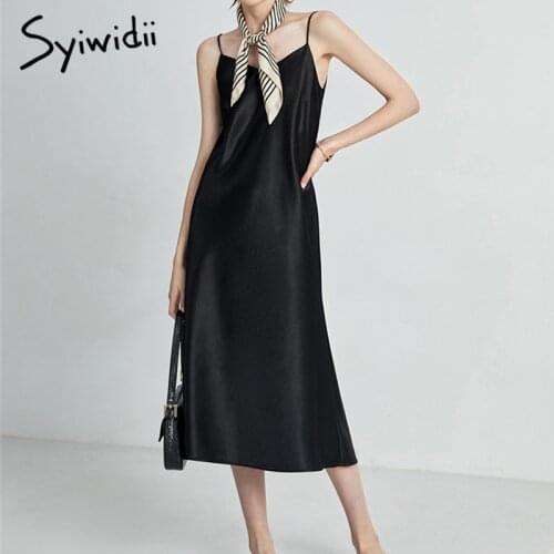 Syiwidii Silk Dress for Women Satin Summer Black Party Sleeveless Trumpet Mermaid Evening Midi Spaghetti Strap 2021 Fashion New