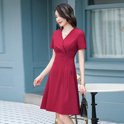 Novelty Red Summer Short Sleeve Women Dresses A-line Dress OL Styles Business Work Wear Office Ladies Vestidos V-neck Clothes