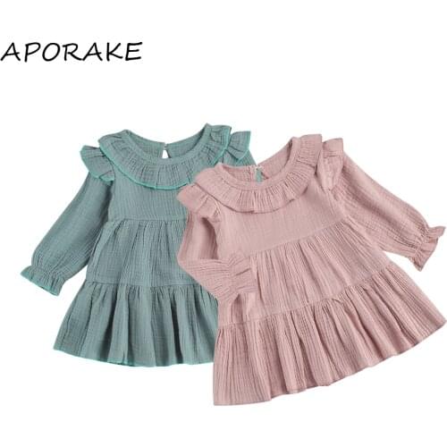 2020 0-4Y Toddler Baby Girl Fall Dress Casual Long Sleeve Round Neck Solid Color Ruffle A Line Loose Pleated Dress Clothes