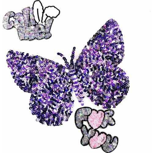 Purple butterfly sequined beaded applique parche patches for clothes apliques de roupa sticker parches bordados para ropa