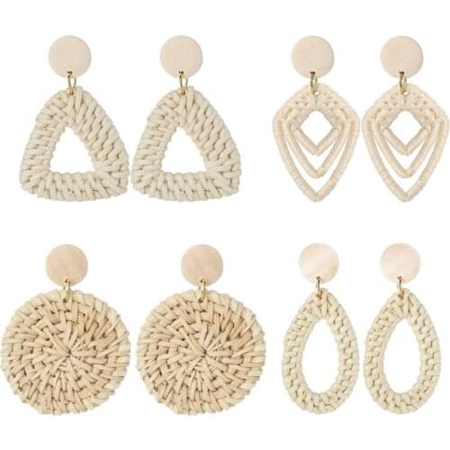 BONISKISS Handmade Drop Earring For Women 4 pairs Bohemian Wicker Rattan Knit Pendant Earrings Round Statement Long Earrings