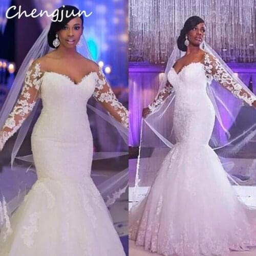 Chengjun V-Neck Off Shoulder African Long Sleeve Mermaid Wedding Dresses