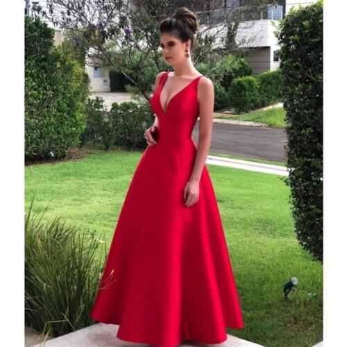 Long satin prom party evening dresses vestido de noiva sereia gown robe de soiree gown red V-neck