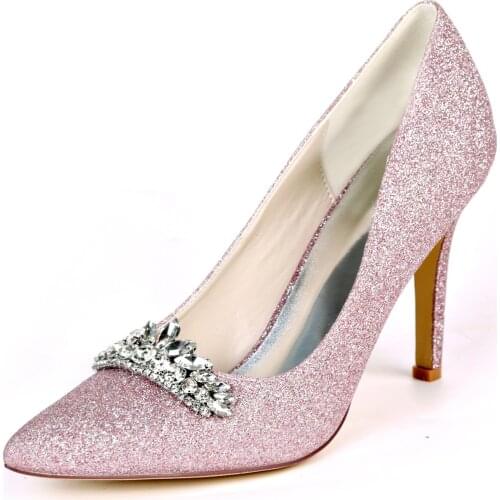 Elegant glitter evening dress shoes pointed toe lady stiletto high heels with crystal crown pumps wedding prom party cocktail