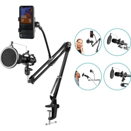 GAZ-103 Adjustable Recording Mic stand Arm Scissor Arm + Microphone Pop Filter + Shockproof Frame + Mobile Phone Hold