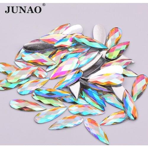 JUNAO 100pc 8*22mm Crystal AB Drop Rhinestone Flat Back Resin Crystal Stones Non Hotfix Strass Scrapbook Beads for DIY Crafts