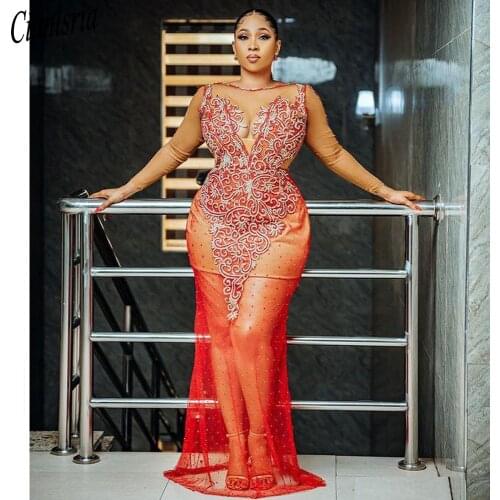 2021 Plus Size Arabic Aso Ebi Luxurious Lace Beaded Prom Dresses Sheer Neck Long Sleeves Sexy Evening Formal Party