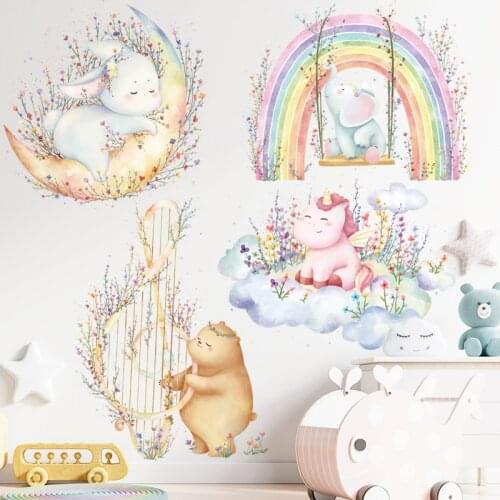 Cartoon Animals rainbow Wall Stickers for Kids Room Baby Nursery Room Decoration Elephant Rabbit Bear Stickers