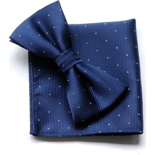 Gentlemans Adjustable Leisure Bowtie Hanky Set Cravat Handkerchief WIth Dots Navy Blue Butterfly Pocket Square