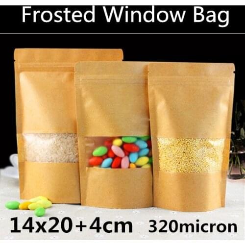 New 50pcs 14x20+4cm 320micron High Quality Kraft Paper Zip Matt/Frosted Window Bag Food Packaging Bag