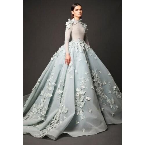 High Neck Prom Dresses Elie Saab 2020 Appliques Beaded Arabic Evening Dress Long Sleeves Vintage Red Carpet Celebrity Party Gown