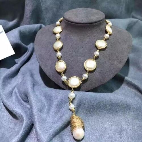 Luxury dinner Party Necklace with Natural Fresh-water Baroque and Button Pearls,Handmade women Necklace for Wedding Party decor