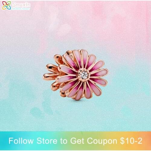 Smuxin 925 Sterling Silver Beads Pink Daisy Flower Charms fit Original Pandora Bracelets Women Jewelry Making Birthday Gift