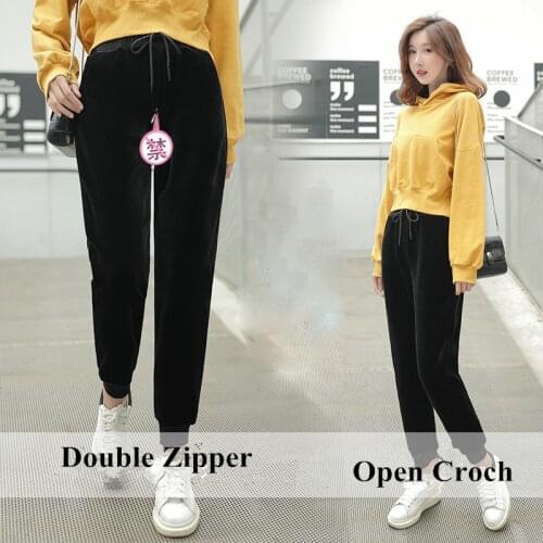 Outdoor Sex Pants Women Velvet Thick Warm Fall Winter Harem Pants Female Sexy Open Croch Zipper Trousers Exotic Apparel Clothes