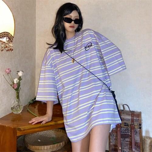 Vintage Basic Purple Striped Couple Short-Sleeved T-Shirt For Girls Oversize Harajuku e Gril Aesthetic Womens Summer Top