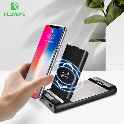 FLOVEME 3 in1 10000 mAh Power Bank Phone Dual USB Wireless Charger Desk Phone Holder Stand For iPhone Samsung For Xiaomi Huawei