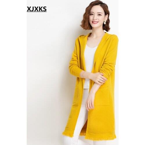 XJXKS 2021 autumn new women long cardigan sweater high-end wool knitted sweater women hooded coat