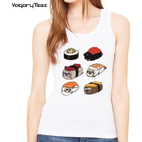 Japanese style Sushi Sloths/Persian Cat/Frenchie Print Food Women Casual Tank Top Casual Streetwear Short Tops Femme Tanks Tops