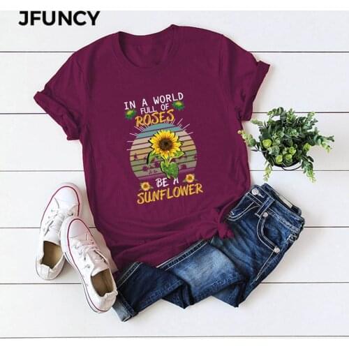 JFUNCY Sunflower Print T-shirts for Women S-5XL Kawaii Harajuku Female Shirts Top Clothes Women Cotton T-shirt Camiseta Mujer