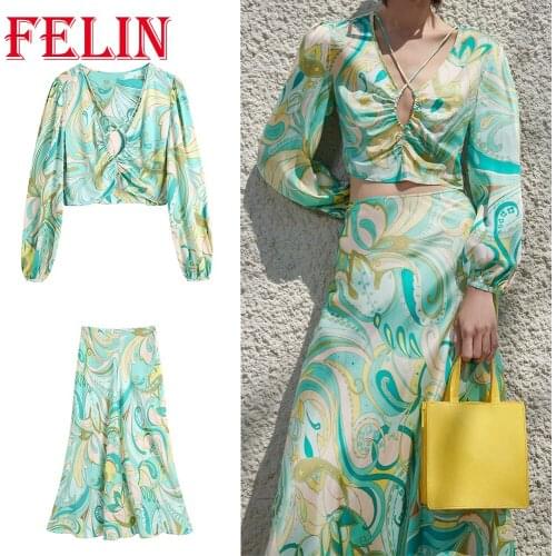 Za 2021 Women 2 Piece Sets Green Stain Chic Printed Short Blouses and High Waist Zipper Pleated Skirts High Street Sets