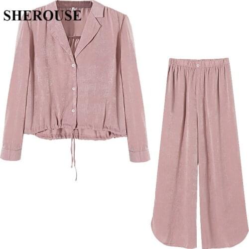 2021 New Women 2 Pieces Solid Set Long Sleeve Shirt Notched Neck Blouse Long Trousers Suit Female Fashion Casual Women Clothes