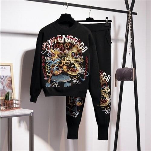 Vintage embroidery letters Women Casual Knitting Set Autumn O Neck Black Pullover Sweater Knit Long Pants Outfits Knitwear Suit