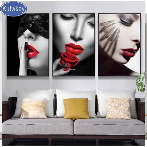 3 Piece Diamond painting Modern Fashion Sexy Red Lips Canvas Painting Cross stitch mosaic Diamond embroidery decor gift