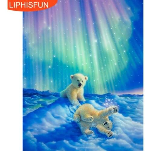 5D Diy Diamond Painting Full Drill Embroidery Pictures Square Rhinestones Northern Lights Baby Polar Bear Aurora Home Decor