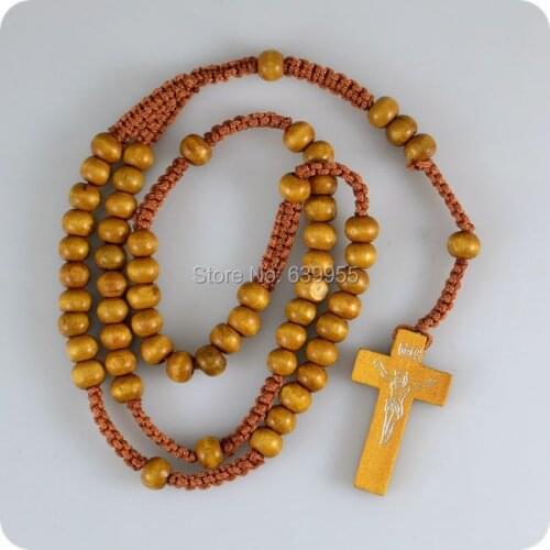 8mm Khaki Wood Rosary Beads INRI JESUS Icon Cross Pendant Necklace Catholic Fashion Religious jewelry