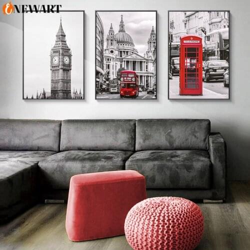 London Poster Wall Art Black White Modern City Canvas Painting Red Color Architecture Big Ben Decorative Picture Home Decor Art