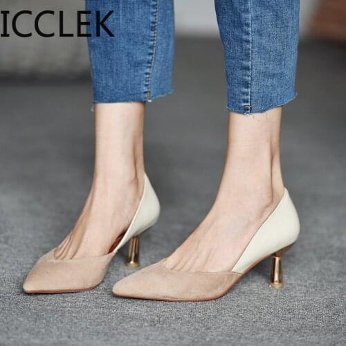 ICCLEK Women Dress Shoes Patchwork Pumps Pointed Toe Party Shoes Woman Fashion Pumps Low Heels Boat Shoe Ladies