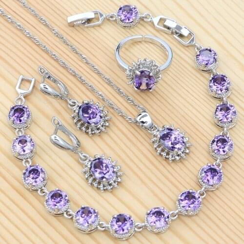 925 Sterling Silver Wedding Jewelry Set Purple Cubic Zirconia Earrings Ring Silver Necklace Bracelet Pendant for Girls