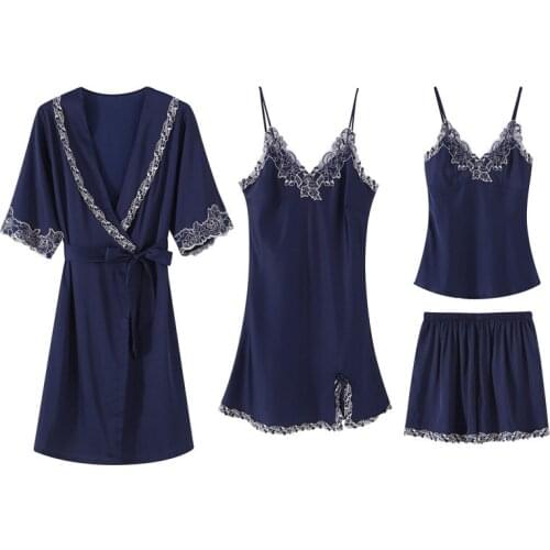 Lace Trim Sleepwear Geisha Nightgown Home Dress Intimate Lingerie Women Satin Kimono Bathrobe Gown Sexy Nightwear 2PCS Robe Set