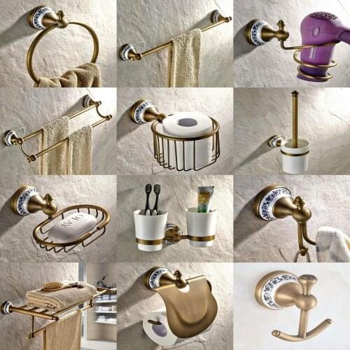 Antique Brass Ceramic Base Bathroom Accessories Set Bath Hardware Towel Bar Soap Dish Toilet Paper Holder Robe Hook mm011