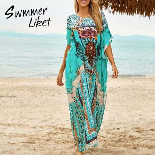 Printed cover up Long beachwear Vintage swimwear female O-neck swimsuit women Loose bathing suit swim suit woman bathers new