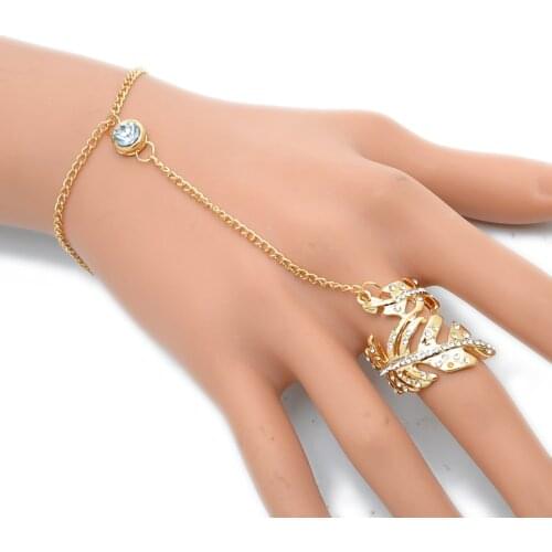 Punk Fashion Gold color Slave Chain Leaf Ring Set For Women Bracelet Finger Knuckle Ring Anillo Bague Femme
