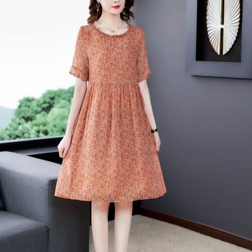 Orange Printed Mulberry Silk Beach Midi Dresses 2021 Summer Vintage 4XL Plus Size Sundress Elegant Female Bodycon Party Vestidos