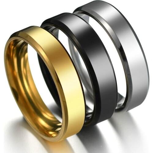 Simple Smooth Stainless Steel 6mm Wedding Rings Black Gold Color Women Men Polished Engagement Ring Couple Jewelry Size 5-13