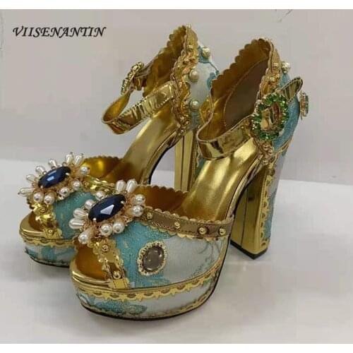 Open Toe Crystal Embroidery Luxury Party Platform Sandals Retro Color Matching Rhinestone Pearl Flower Super High Heel Sandals