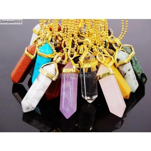 Mixed Natural Gems Stones Hexagonal Pointed Healing Reiki Chakra Pendant Charm Chain Necklace17'' 5 Sets/Pack