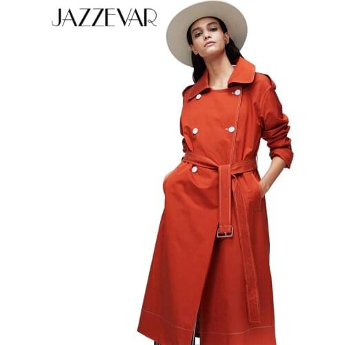 JAZZEVAR2020 New arrival autumn trench coat women top red color cotton double breasted long fashion style with high quality 9020