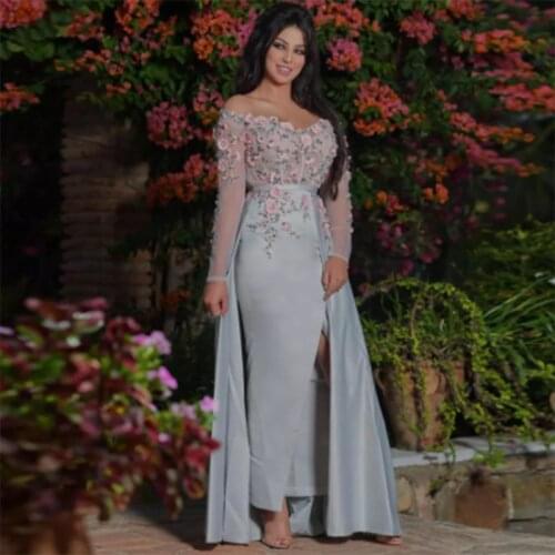 Amazing 3D Flowers Beaded Moroccan Caftan Evening Gown Sky Blue Off The Shoulder See Thru Dubai Saudi Arabia Prom Formal Dresses