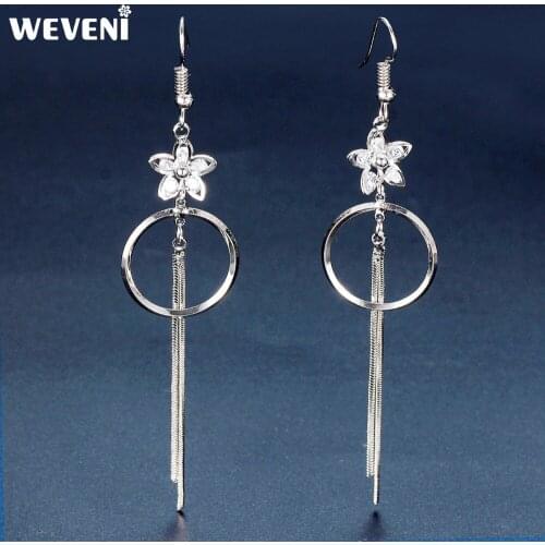 WEVENI Silverstone Flower Ring Tassel Cubic Zircon Earrings Dangle Drop Zirconia Charms For Women Birthday Gifts Fashion Jewelry