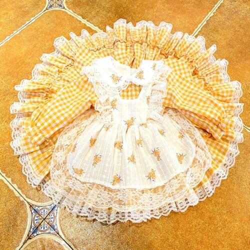 Baby Girl Yellow plaid Floral Lolita dress kids Vintage Spanish Ball Gown Princess Lace stitching Dress