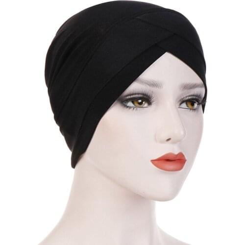 Women Turban Hat Stretchy Cross Head Wrap Solid Color Muslim Scarf Fashion Bandana India Cap Hair Accessories