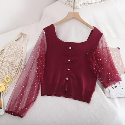 HISUMA Autumn Puff Sleeve Women Bling Sequin Bead Mesh Gauze Knitted Basic Shirt Lady Elastic Slim Pullover Ruffle Blouse Tops