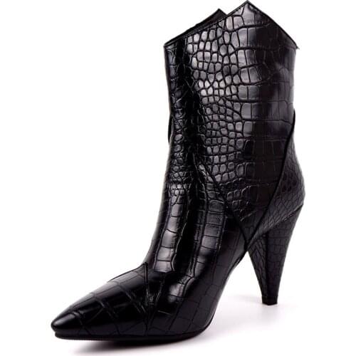 Crocodile Pattern PU Yellow Pointed Tapered Heel Ankle Boots Microfiber Sleeve Check Pattern Autumn Womens Boots Super High