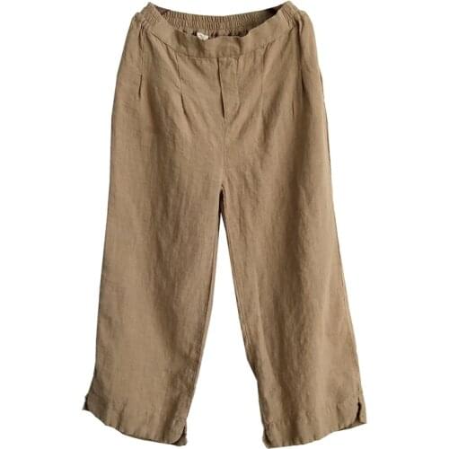Johnature Women Vintage Straight Pants Elastic Waist Linen Trouser 2020 New Women Casual Clothes Ankle-length Pants